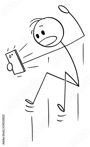 Vector cartoon stick figure drawing conceptual illustration of jumping shocked or surprised man watching something on mobile phone.