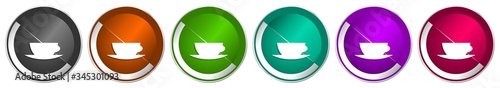 Cofeee icon set, silver metallic chrome border vector web buttons in 6 colors options for webdesign