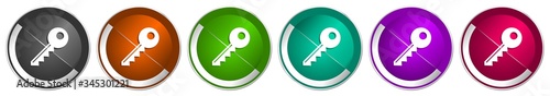 Key icon set, silver metallic chrome border vector web buttons in 6 colors options for webdesign