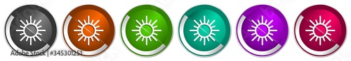 Sun icon set, silver metallic chrome border vector web buttons in 6 colors options for webdesign