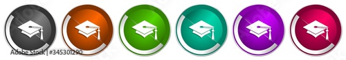 Education icon set, silver metallic chrome border vector web buttons in 6 colors options for webdesign