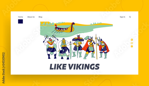 Vikings Landing Page Template. Male Characters Wearing Skins, Helmets with Horns and Holding Armor Swords and Axes Stand on Coastline with Rook Floating on Water. Linear People Vector Illustration