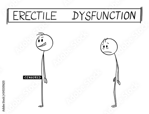 Vector cartoon stick figure drawing conceptual illustration of man with and without erectile dysfunction or impotence. Funny illustrative cartoon image.