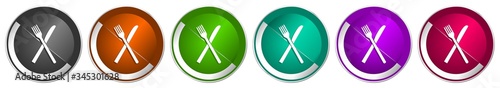 Restaurant icon set, silver metallic chrome border vector web buttons in 6 colors options for webdesign