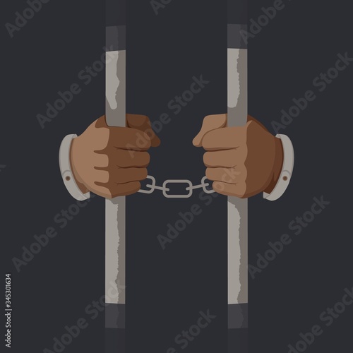 Arms of male prisoner in handcuffs holding jail bars vector graphic illustration. Cartoon hands of criminal person serve sentence in prison isolated on black background. Arrested guilty man