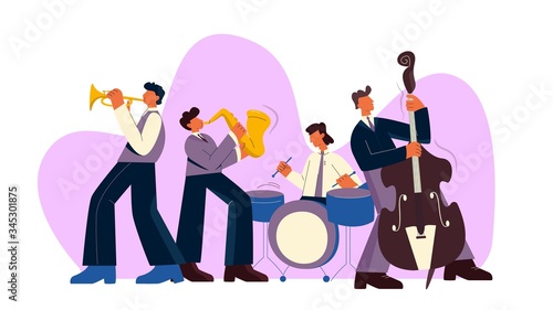 Cartoon jazz band play music on saxophone, trumpet, drum and bass guitar vector flat illustration. Musical performers playing pop, rock and classical sound isolated on white background big limbs style