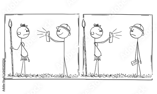 Vector funny cartoon stick figure comic strip or drawing of western tourist taking mobile phone photo of native indigenous man, surprised that he takes photo of him.