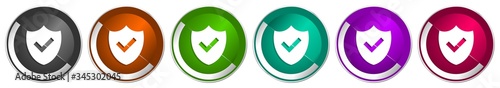 Shield icon set, silver metallic chrome border vector web buttons in 6 colors options for webdesign