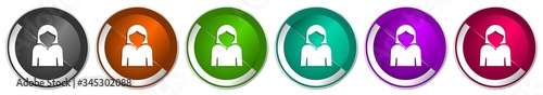 Profile avatar icon set, silver metallic chrome border vector web buttons in 6 colors options for webdesign