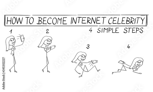 Vector cartoon stick figure drawing conceptual illustration of sexy women taking photos of yourself to be internet celebrity. Creating sexual content for social media. Success and shallowness. Sex