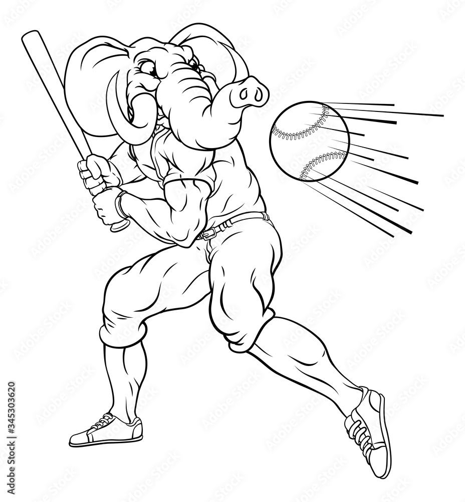 Fototapeta premium An Elephant baseball player cartoon animal mascot swinging a bat at a fast ball