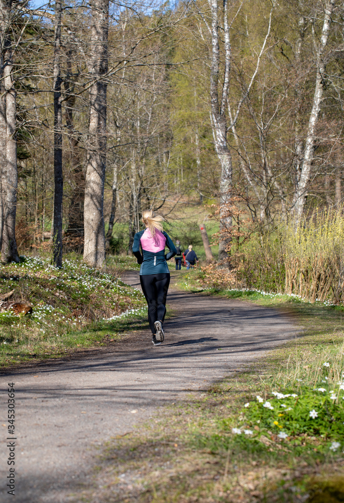Sweden. Girl jogging on a forest path in the morning