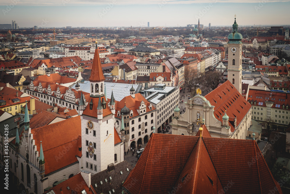 Obraz premium Aerial view of the centre of Munich (Germany). December 2015. Landscape format.