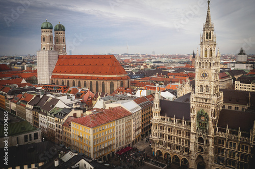 Aerial view of Marienplatz and the Frauenkirche in the centre of Munich (Germany). December 2015. Landscape format.