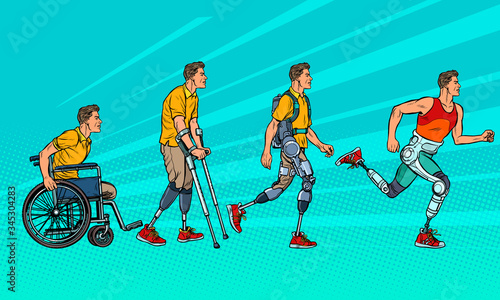 Evolution of rehabilitation. man leg prosthesis