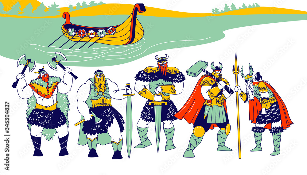 Fototapeta premium Vikings Male Characters Wearing Skins, Helmets with Horns and Holding Armor Swords and Axes Stand in Row on Sea or River Coastline with Rook Floating on Water. Linear People Vector Illustration