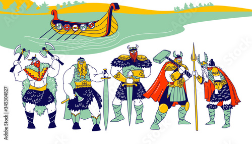 Vikings Male Characters Wearing Skins, Helmets with Horns and Holding Armor Swords and Axes Stand in Row on Sea or River Coastline with Rook Floating on Water. Linear People Vector Illustration