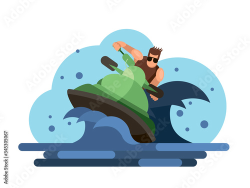 Water sport. A man drive on a hydrocycle jetski vector flat illustration. Waves and sun