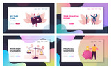 Euro Vs Dollar Landing Page Template Set. Confrontation of European and American Economy and Financial Markets. Tiny Characters at Scales with USD and EUR Currency. Cartoon People Vector Illustration