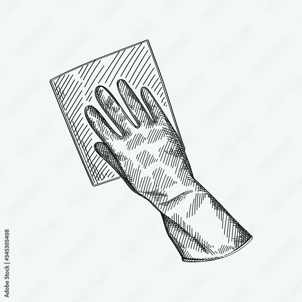 Black and white illustration of wearing washing up glove to