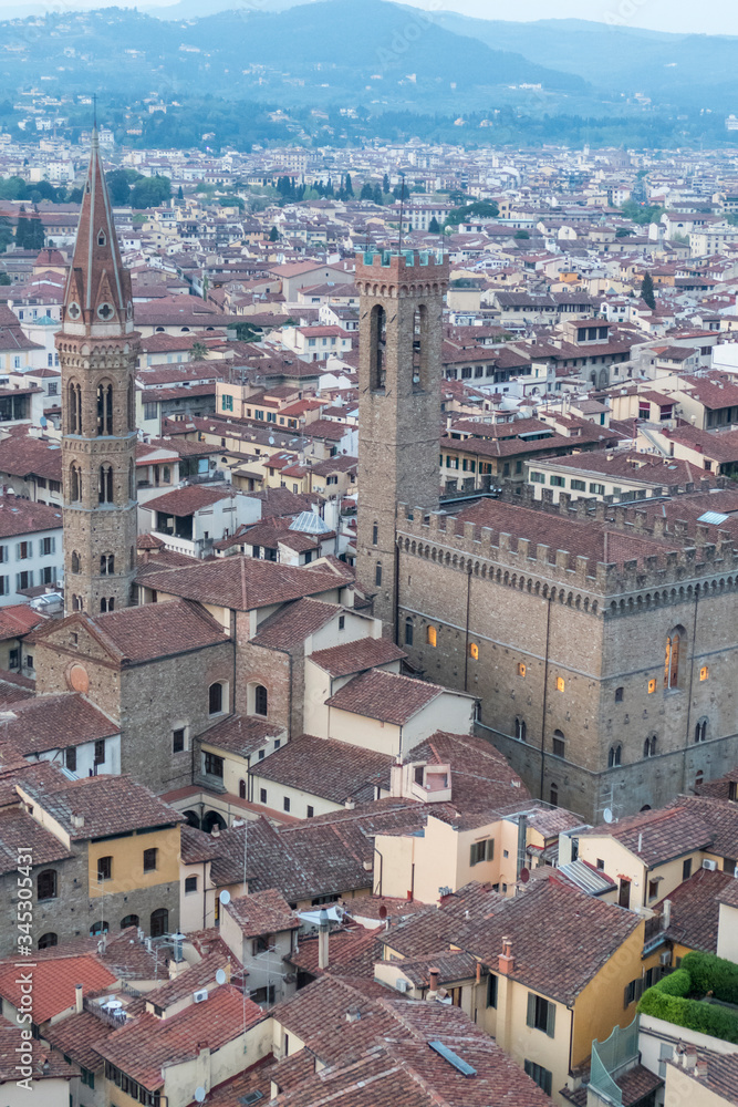 Aerial view of Bargello tower and Badia Fiorentina in Florence
