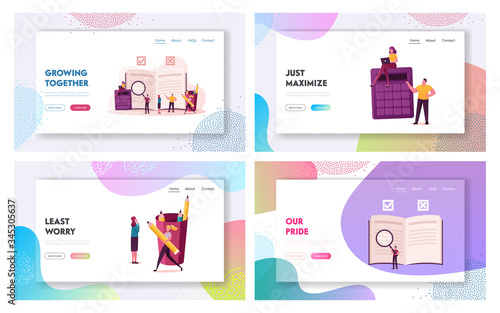 Regulation Landing Page Template Set. Tiny Characters Write Rules in Checklist with Law Information. Society Guidelines, Strategy for Company Order and Restrictions. Cartoon People Vector Illustration