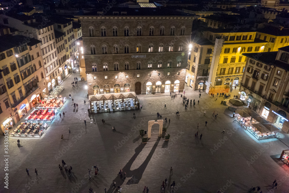 aereal night view of Signoria square in Florence