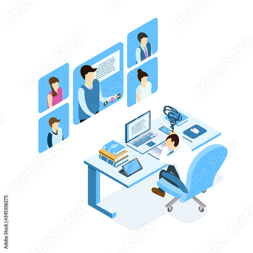 Isometric burnout concept, young man sitting at the table, businessman or student burning brain form work or study.