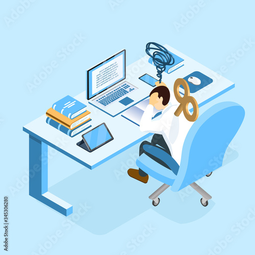 Isometric burnout concept, young man sitting at the table with wind-up key on back and feeling low energy, businessman or student burning brain form work or study.