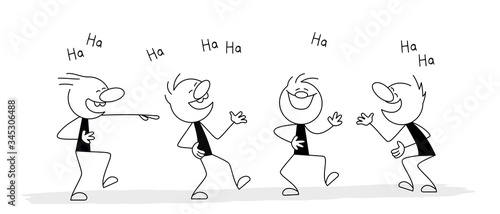 Little men laugh. Vector stickman cartoon character illustration.