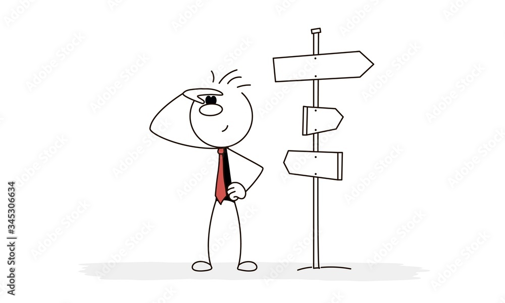Outline vector stickman cartoon character in front of a choice. Outline vector stickman cartoon character in front of a choice.