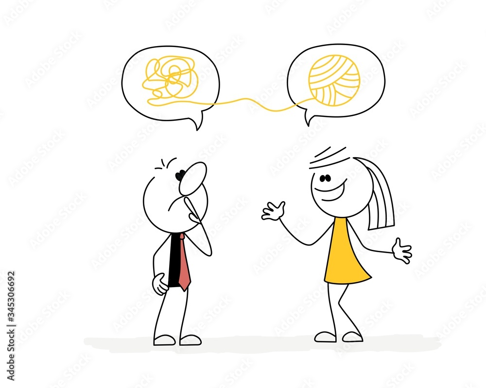 Girl explains to the boy. Mess in the head. Vector stickman cartoon character illustration. Girl explains to the boy. Mess in the head. Vector stickman cartoon character illustration.
