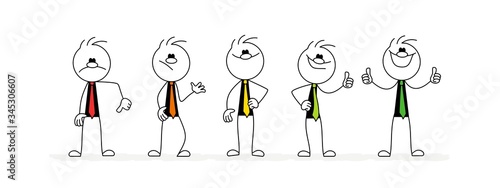 Man shows his energy level, from fully charged to discharged. Vector stickman cartoon character illustration.