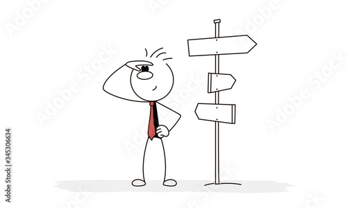 Outline vector stickman cartoon character in front of a choice.