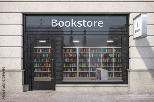 Bookstore shop exterior with books and textbooks in showcase.