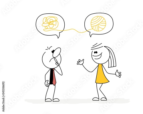 Girl explains to the boy. Mess in the head. Vector stickman cartoon character illustration.