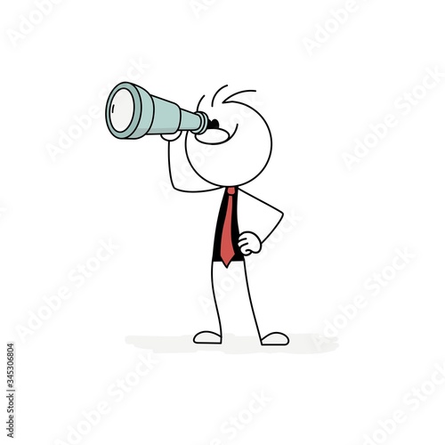 Outline vector stickman cartoon character with telescope.