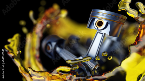 3D illustration of parts in car engine with lubricant oil on repairing photo