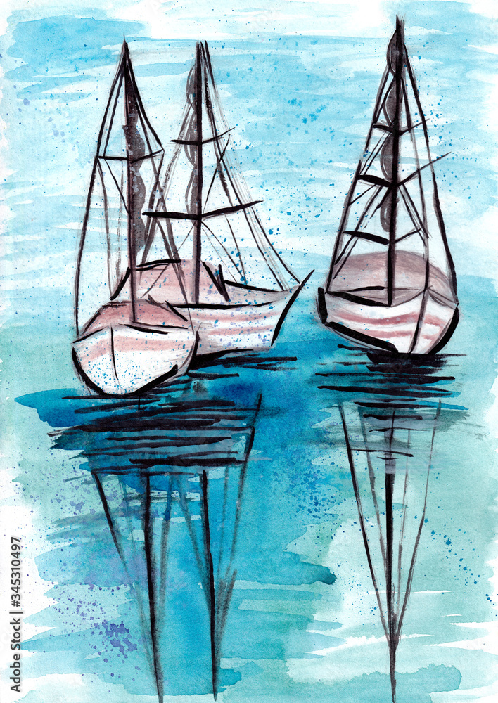 Boat on the sea water. Yacht in sea. Colorful watercolor hand painted lllustration, wallpaper, background with sail boat