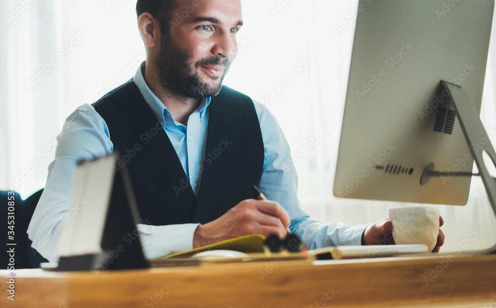 smile businessman looking in monitor computer at home workplace, man working at social distance, freelancer online communication work process, online education smile businessman looking in monitor computer at home workplace, man working at social distance, freelancer online communication work process, online education