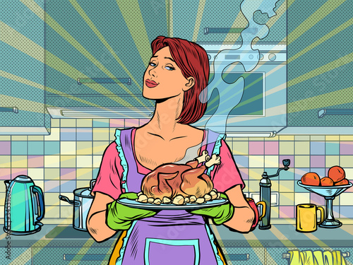 Woman with ready fried poultry chicken duck