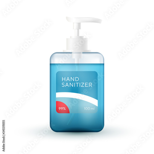 hand sanitizer bottle container mockup template, liquid cosmetics tube with pump. Coronavirus hand protection, sanitizer 3d realistic container, alcohol hand wash gel on white background