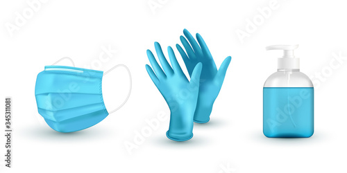 Realistic blue medical face mask, medical latex gloves and sanitizer. Virus protection. Vector illustration.