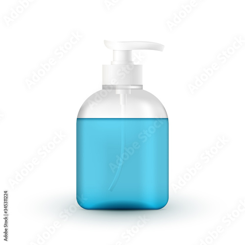 liquid cosmetics tube with pump. Coronavirus hand protection, hand sanitizer 3d realistic container, hand wash gel. alcohol hand wash gel with pump dispenser on white background. Vector