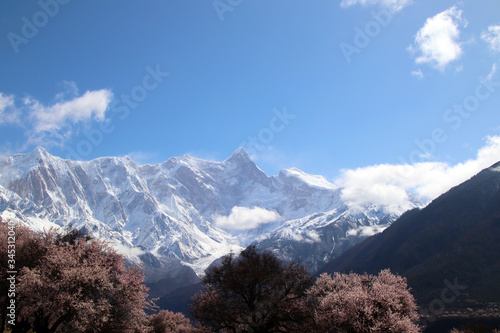 Through the mountains and wild pink peach blossoms, looking at Nanjiabawa Peak, against the blue sky, white clouds, and green water, it is even more steep and majestic! photo