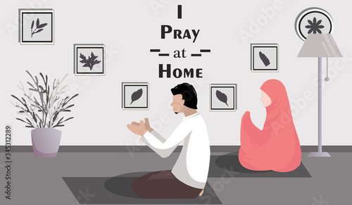 Vector illustration of Muslim Family worshiping Ramadan at home during the Corona Outbreak to maintain health
