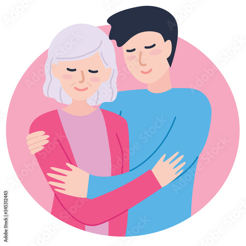 Son and mother hug. Young man hug his old mother.