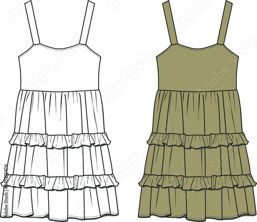 Frilly Dress, Fashion Flat Sketch, Apparel Design Template