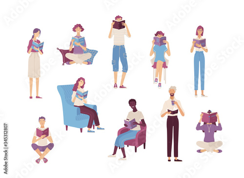 People reading books while sitting or standing.