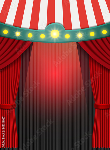 Background with red curtain and circus tent. Design for presentation, concert, show